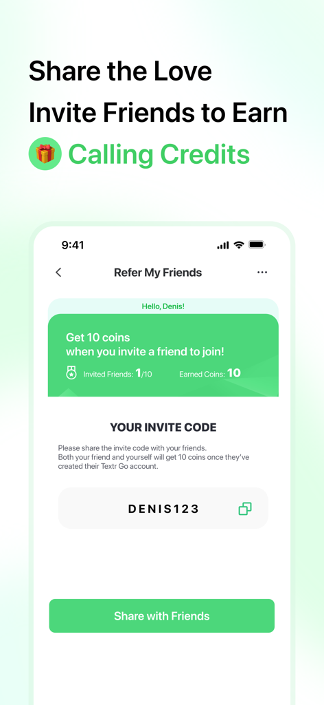 Textr Go: Personal Text & Call - Tela de referência do Textr Go mostrando um código de convite e um sistema de recompensa para ganhar créditos de chamada.