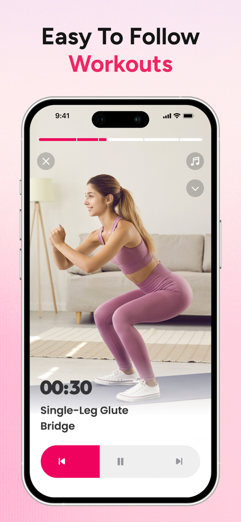 Smartphone screen displaying a video workout demonstration from the Workout for Women app.