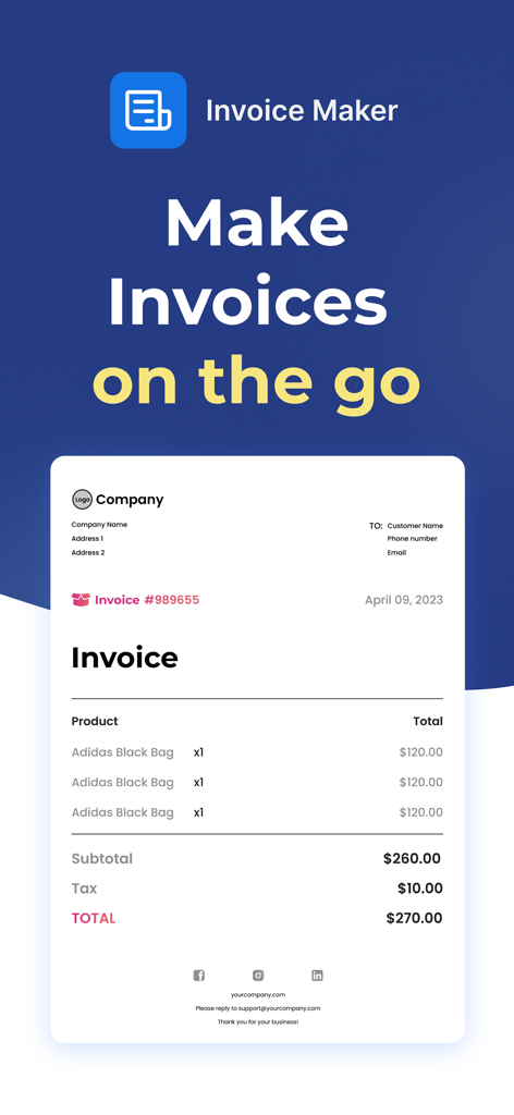 A professional PDF invoice example from the Invoice Maker Flex app featuring the text Make Invoices on the go