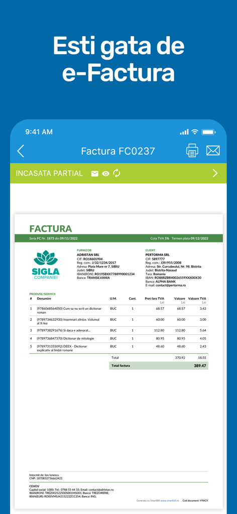 SmartBill - Aplicación móvil SmartBill mostrando una factura digital profesional con el estado de integración de e-Factura