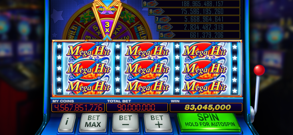 Ignite Classic Slots-Casino - カラフルなリールとスピンボタンを備えた、メガヒットジャックポット勝利を示すクラシックなベガススタイルのスロットマシン。