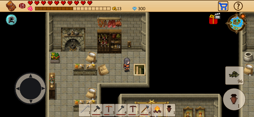 Survival RPG: Open World Pixel - Retro 2D pixel art gameplay showing a character in a medieval kitchen with a fireplace and sacks of food.