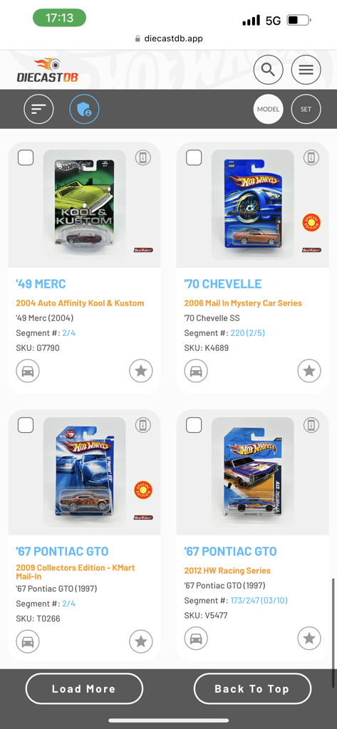 DiecastDB - Screenshot of the DiecastDB app search results showing various Hot Wheels models like the 49 Merc and 70 Chevelle with detailed series and SKU information.