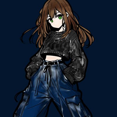 anime teen girl with baggy pants and crop top with sweater