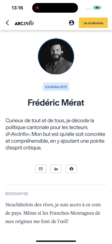 Perfil del periodista Frederic Merat en la aplicación de noticias Arcinfo