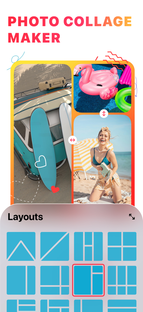 Photo Collage Maker: Collagify - Interfaz de la aplicación móvil Collagify que muestra un creador de collages de fotos con imágenes de vacaciones y varias opciones de diseño de cuadrícula