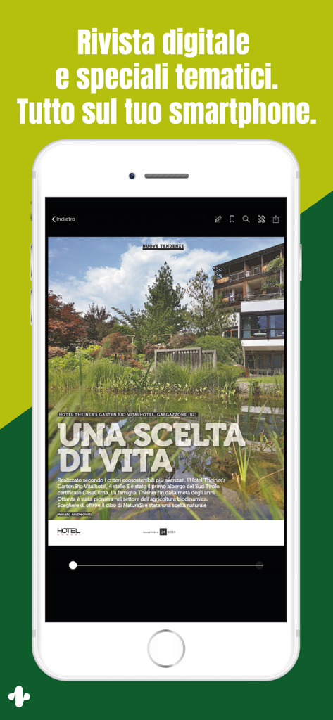 Hotel Domani - Rivista digitale Hotel Domani visualizzata su uno smartphone con un articolo sull'ospitalità italiana, design e architettura