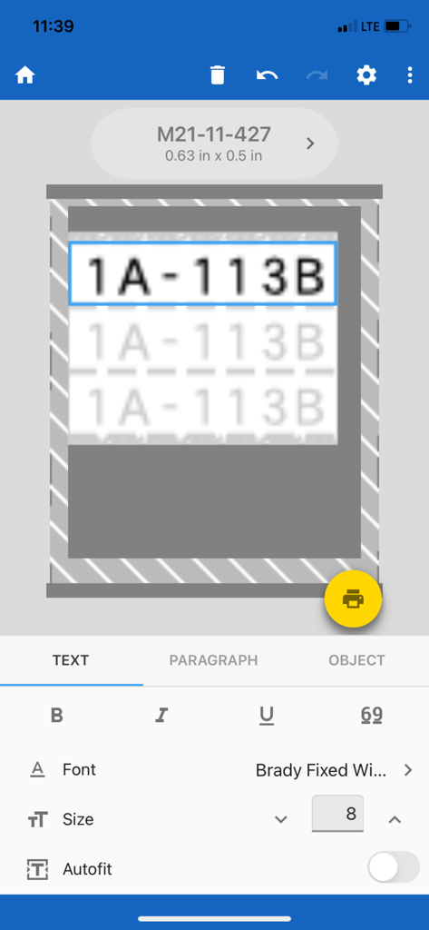 Brady Express Labels - Mobile interface of the Brady Express Labels app showing the design and editing tools for an industrial label.