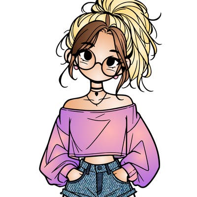 girl with a messy ponytail glasses a baggy crop top and jean shorts