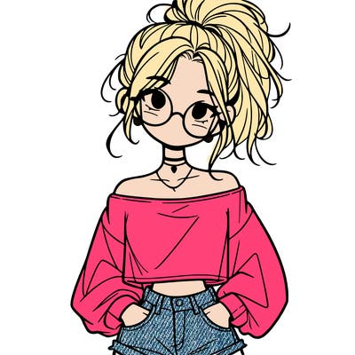girl with a messy ponytail glasses a baggy crop top and jean shorts