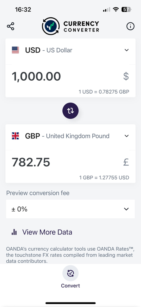 Currency Converter - OANDA Währungsumrechner-Oberfläche, die die Umrechnung von 1000 USD in Britische Pfund zeigt