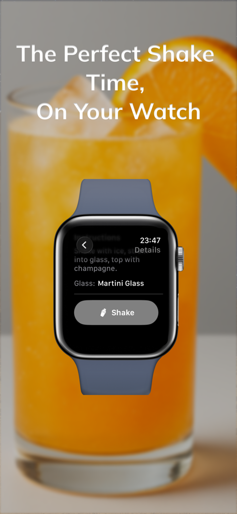 Mixly: Cocktail Recipes - Mixly app on Apple Watch showing cocktail recipe instructions and a shake timer button