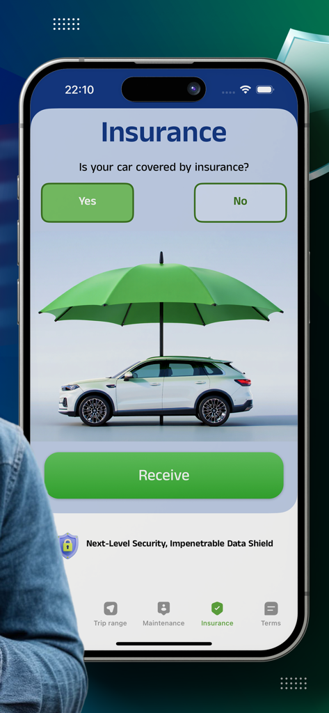 Helsten auto insurance app screen showing a car under a green umbrella protection symbol.
