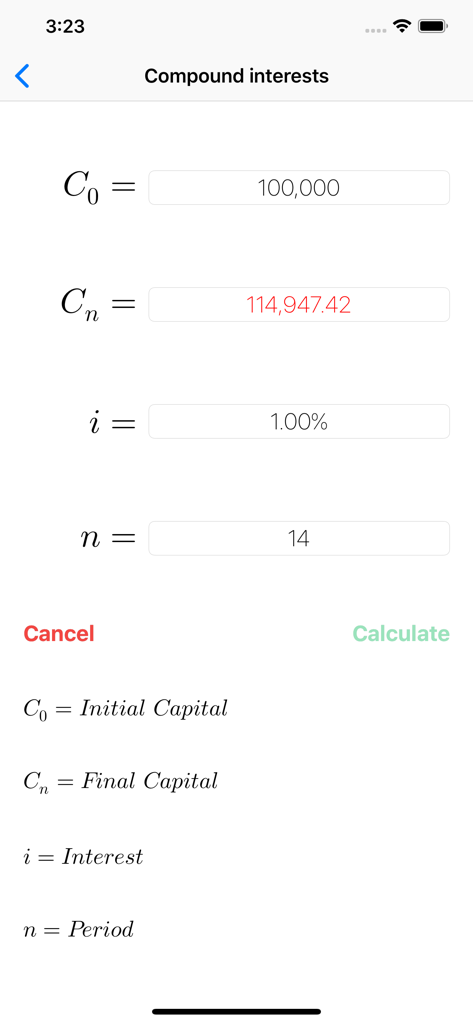 Screen of FinCalcPro app solving for final capital in a compound interest formula with initial capital interest rate and period