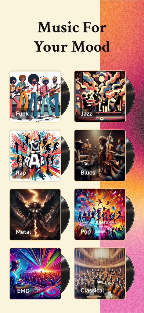 A selection of music genres in the MusicLab app including Funk Jazz Rap and Pop for AI song creation