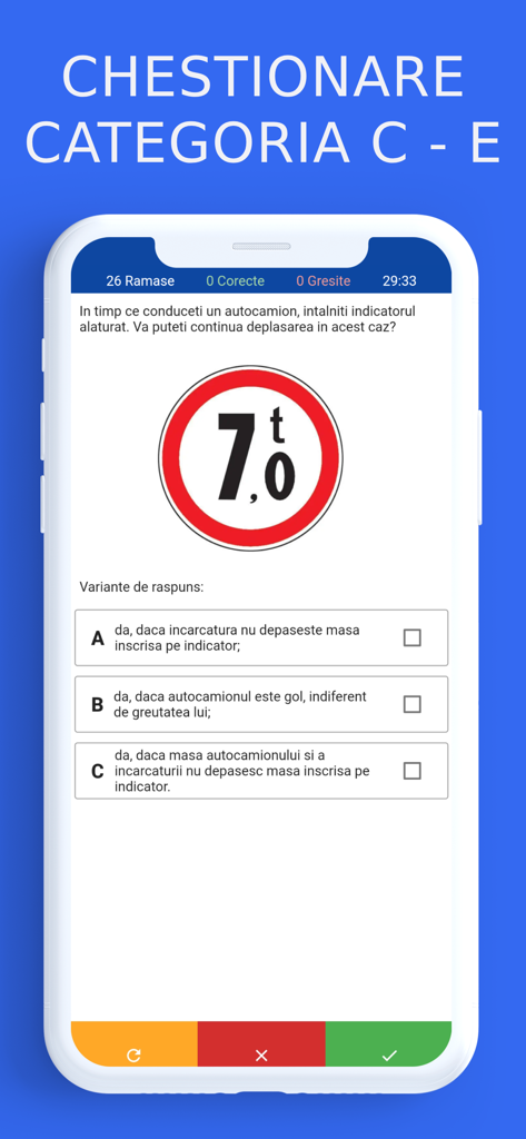 Mobile app interface for Romanian truck driving license category C and E exam practice