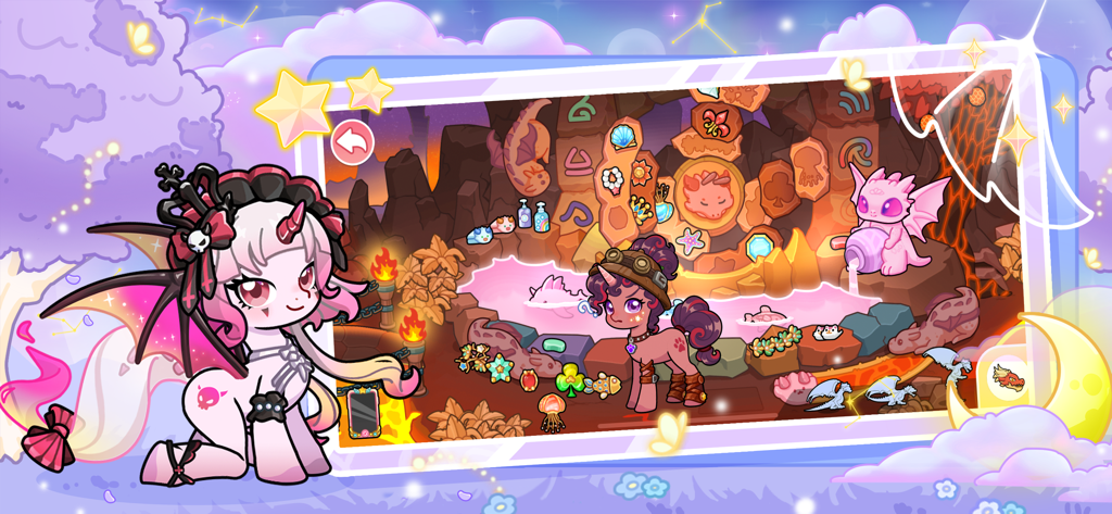 A gothic unicorn character standing next to a digital screen showing a magical cave with a pink pool and fantasy pets.