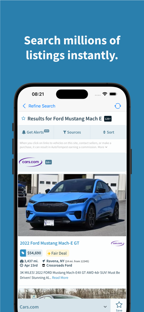 AutoTempest - Car Search - AutoTempest app screen showing search results for a Ford Mustang Mach E