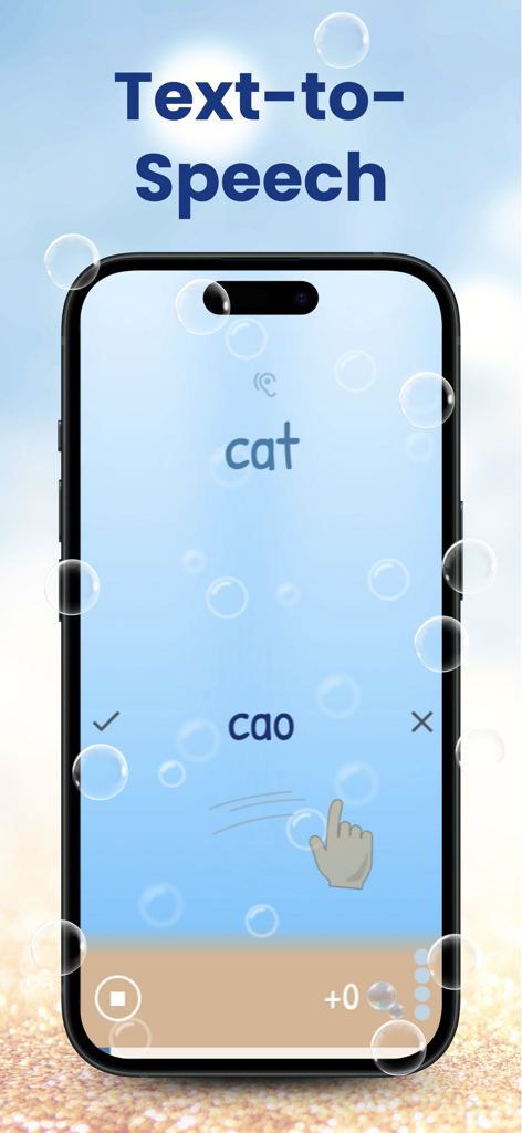 Learn to Read Autism ADHD - Interface of the Learn to Read app for Autism and ADHD highlighting the text to speech feature with simple swipe controls and a calm bubble theme