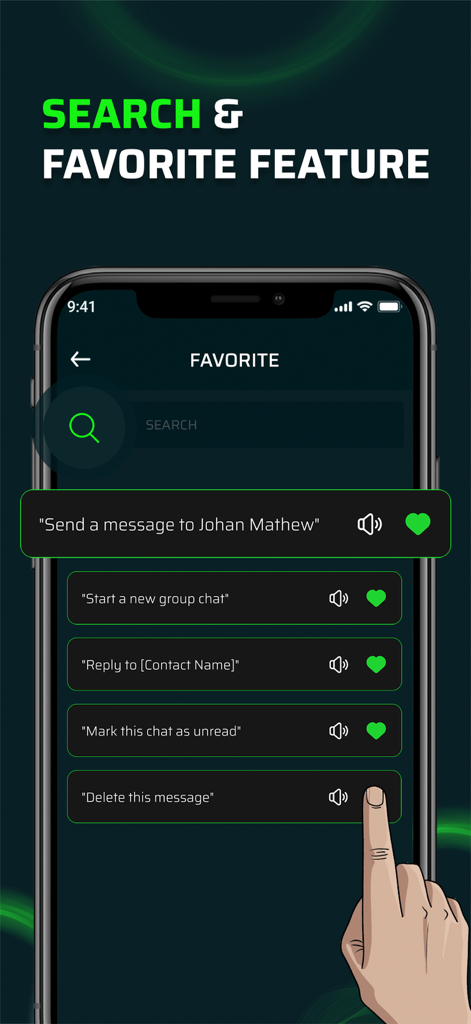 Voice Command Hub - Voice Command Hub app interface showing the search and favorite features for messaging voice commands