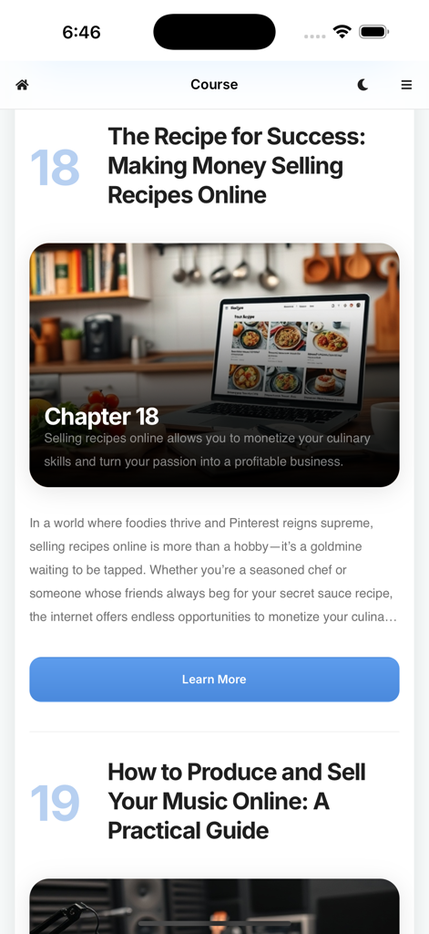 La pantalla de la aplicación Gana Dinero Online Ahora mostrando una lección sobre cómo vender recetas online y producción musical.