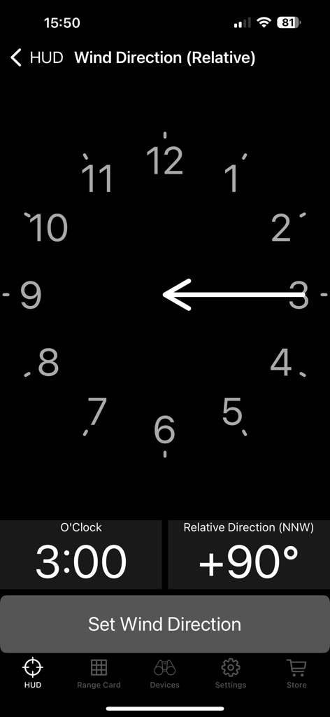 Eagle Ballistics App-Oberfläche zum Einstellen der relativen Windrichtung mit einer Zifferblattvisualisierung, die einen 90-Grad-Wind um 3 Uhr zeigt.