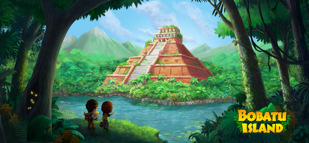 Bobatu Island: Survival Quest - Dos personajes mirando una antigua pirámide de piedra en una exuberante jungla tropical