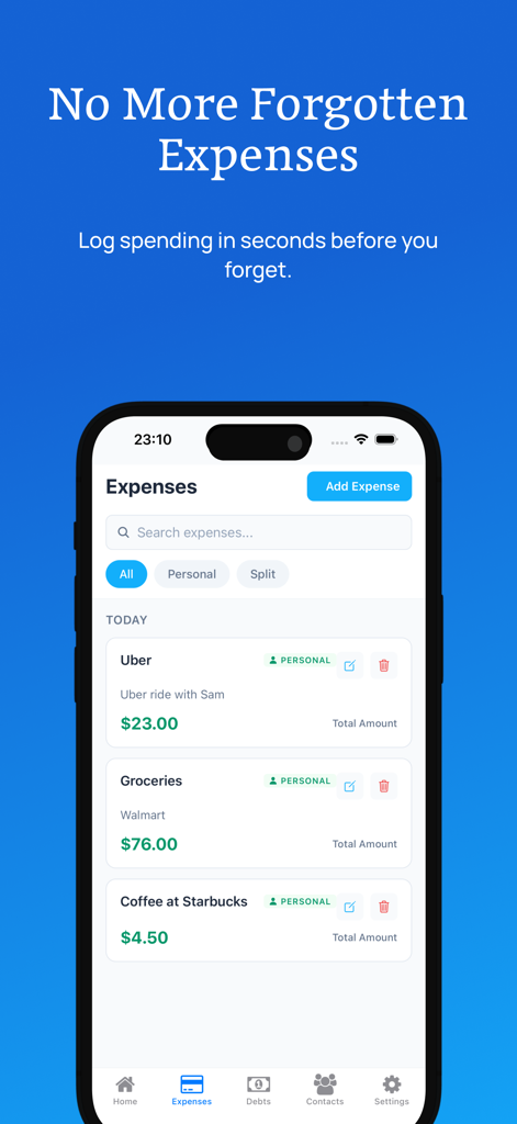 MyMoney: Budget & Expenses App - MyMoney app interface displaying a list of tracked daily expenses including ride-shares, groceries, and coffee.