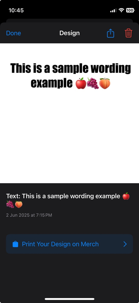 YoMeme: Meme Maker & Editor - YoMemeアプリのインターフェース。テキストデザインと、グッズに印刷するためのボタンが表示されています。