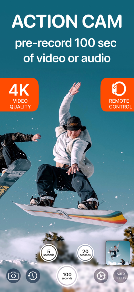 Video Buffer Action Camera - Video Buffer app interface showing a snowboarder jumping and 100 second pre-record options
