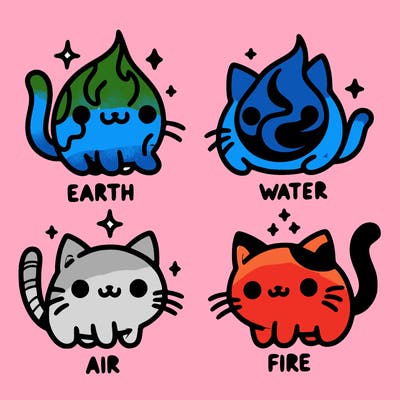 4 cats that represent the different elements, earth, water, air, and fire