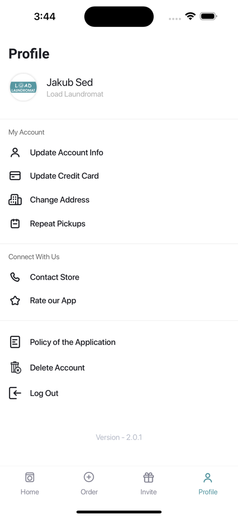 Load Laundromat - Load Laundromat mobile app profile page showing account settings