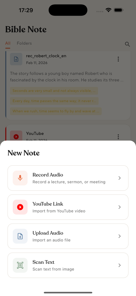 Bible Note Taker - New note menu in the Bible Note Taker app with options to record audio, import from YouTube, upload audio, and scan text