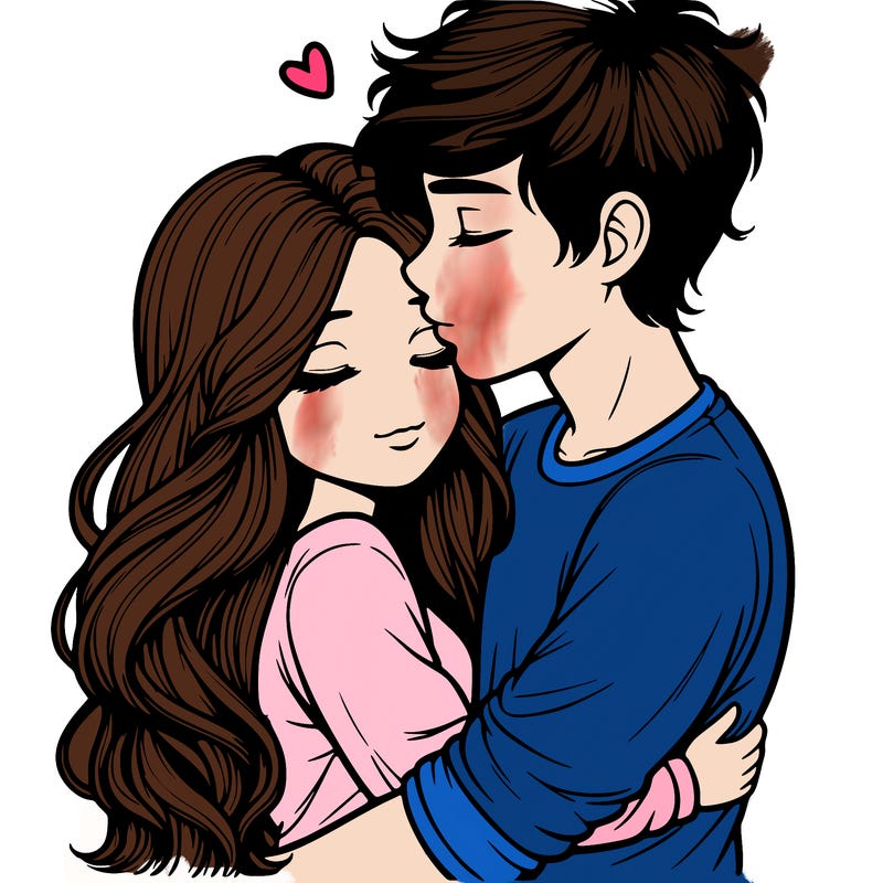 a realistic couple boy and girl hugging and kissing