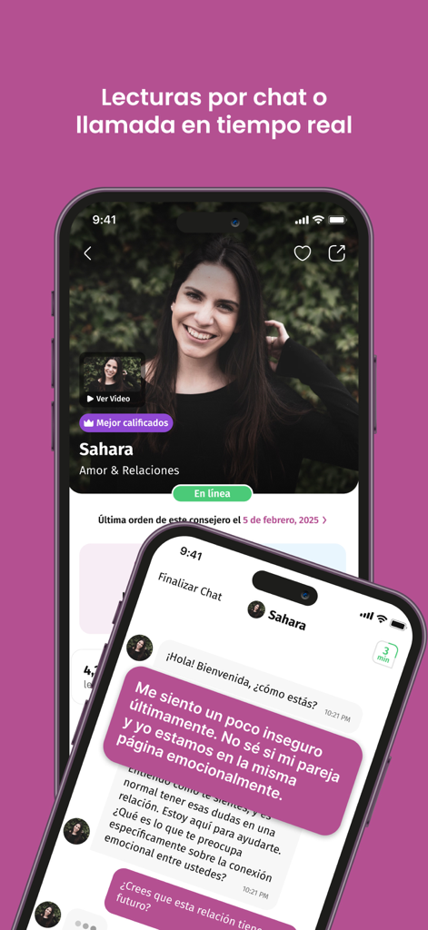 Pantalla de la aplicación móvil que muestra el perfil de un consejero psíquico y una consulta de chat en tiempo real para obtener asesoramiento sobre relaciones en español.