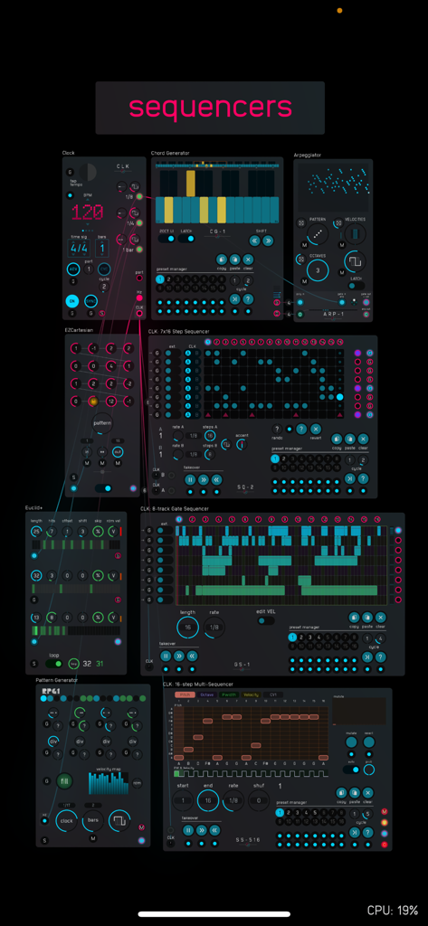 Audulus 4 - Audulus 4 app interface showing various modular sequencer modules with virtual patch cables