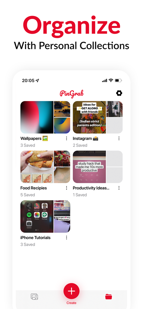 PinGrab app screen showing organized collections of saved Pinterest content like wallpapers and recipes