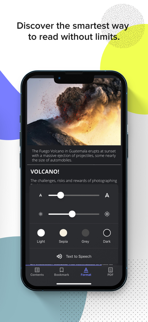 ZINIO Unlimited - A smartphone screen displaying the ZINIO Unlimited app with a menu for customizing reading settings like font size and theme.