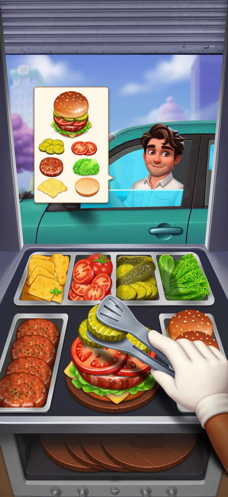 Cooking Ready - Un chef ensambla una hamburguesa con ingredientes frescos para un cliente en el autoservicio en Cooking Ready.