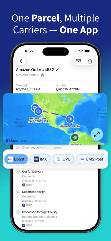 Parcel & Package Tracker - Mobile app interface showing a package delivery route on a map and a timeline of shipping status updates