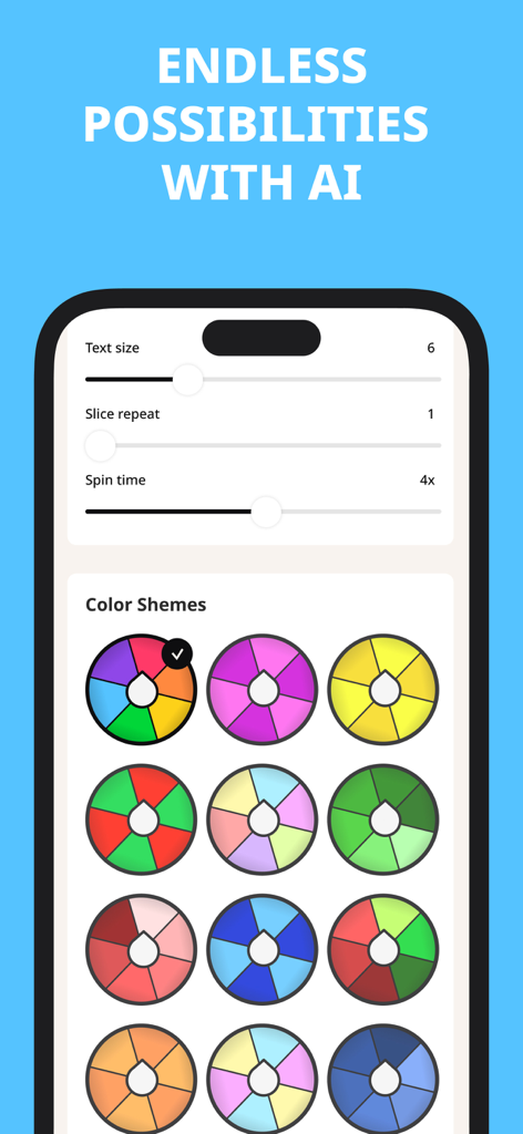 Spin Roulette: Decision Wheel - Customization menu for Spin Roulette showing color themes and wheel settings