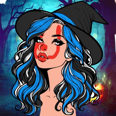 realistic witch girl with wavy hair and lips