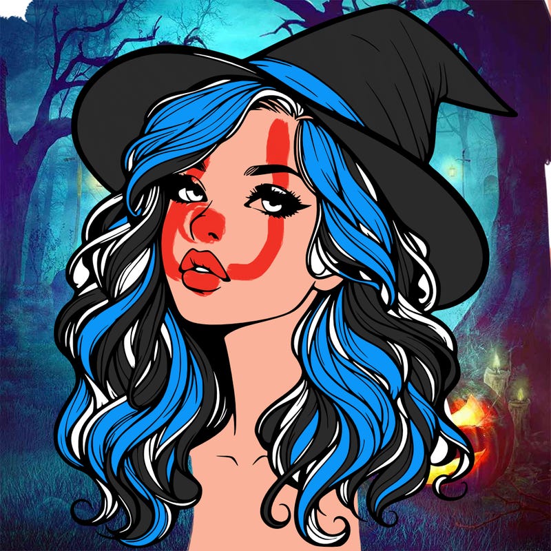 realistic witch girl with wavy hair and lips