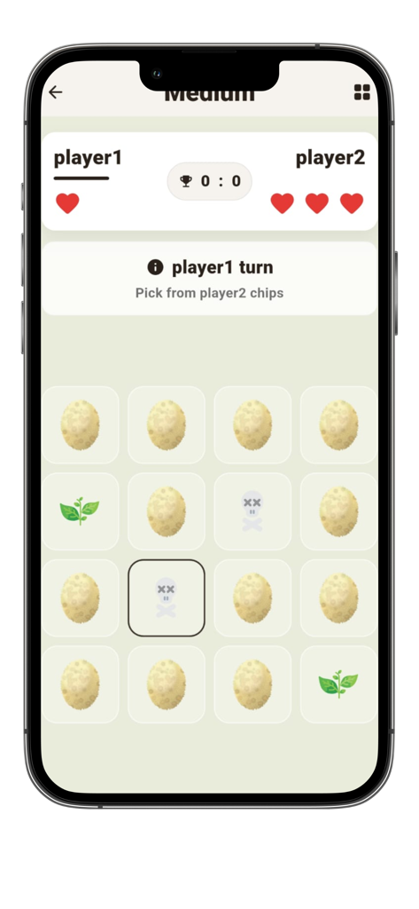 Safe or Poison game - Safe or Poison Potatoゲームのローカル2人プレイゲームプレイ画面。ハートとチップのグリッドが表示されている