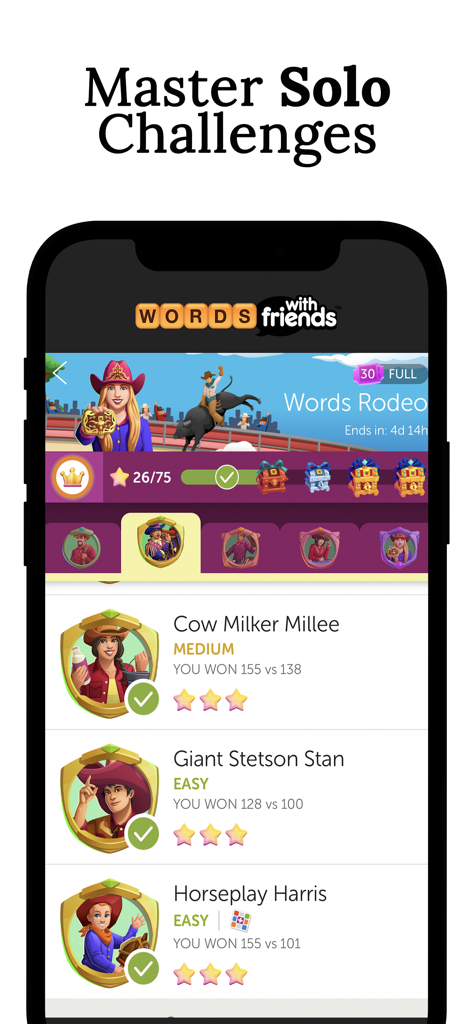 Pantalla de Maestría de Desafíos en Solitario en la aplicación Words With Friends con un tema de rodeo del oeste y oponentes de personaje