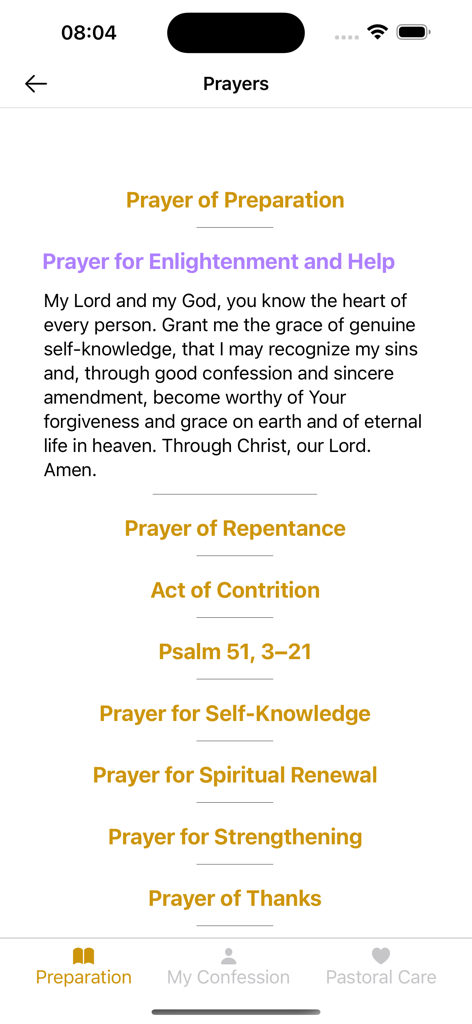 Pantalla de la aplicación Espejo de Confesión mostrando una lista de oraciones para la preparación de la confesión, incluyendo la Oración para la Iluminación y la Ayuda.