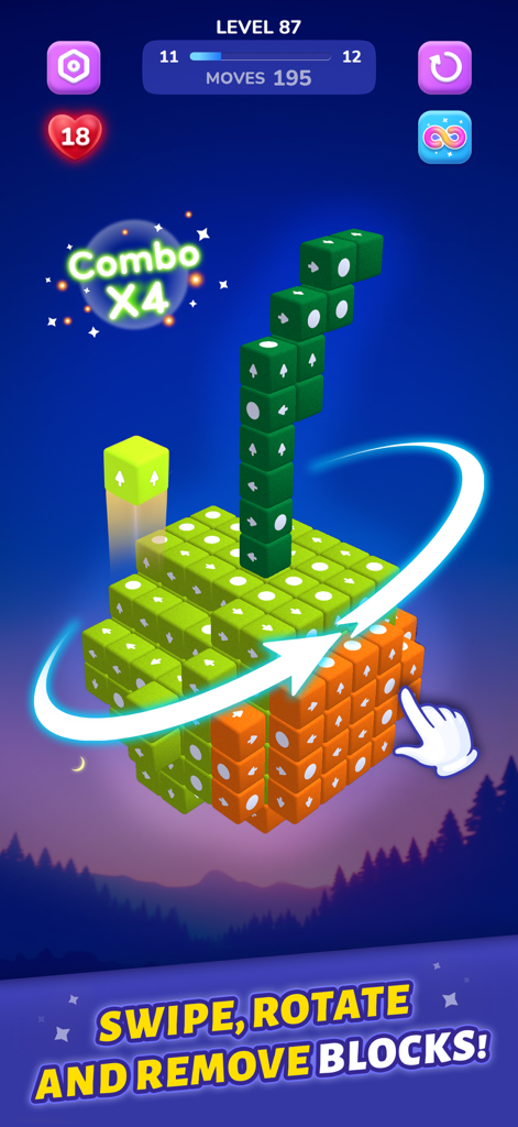 Block Away - Tap Out Puzzle - Un niveau de puzzle 3D dans Block Away montrant comment faire pivoter et supprimer des blocs.