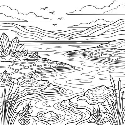 Immerse yourself in the tranquil beauty of a salt lake with this specially designed coloring page for seniors. Featuring clear, bold outlines of crystalline formations and a serene landscape, it offers a perfect blend of relaxation and cognitive engagement.