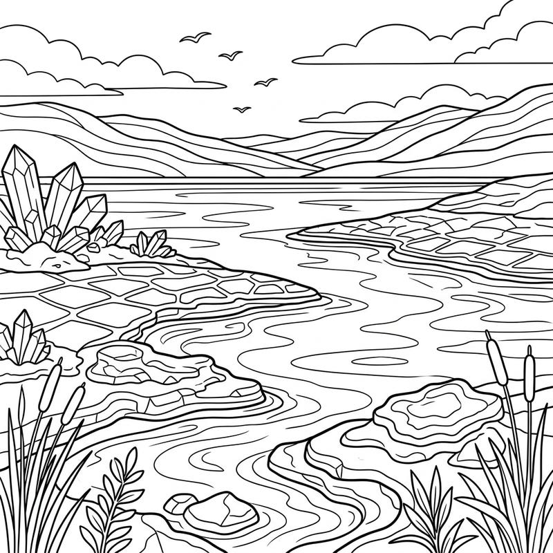Immerse yourself in the tranquil beauty of a salt lake with this specially designed coloring page for seniors. Featuring clear, bold outlines of crystalline formations and a serene landscape, it offers a perfect blend of relaxation and cognitive engagement.