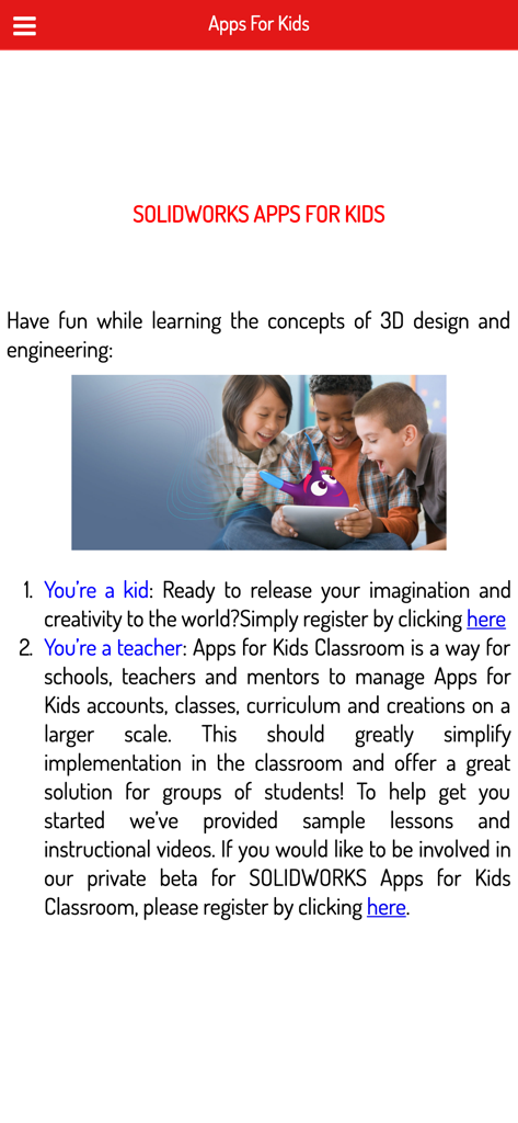子供と教師向けの3Dデザインとエンジニアリングリソースを紹介するSOLIDWORKS Educationアプリ画面